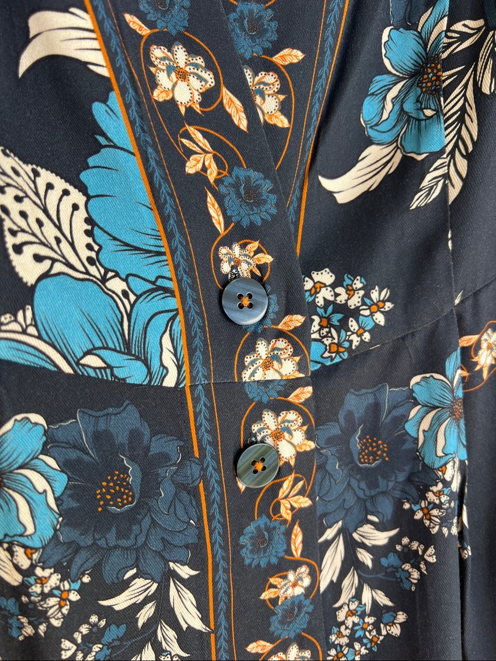 Caroline Constas rayon floral boho long sleeve button down MIDI dress navy - Picture 7 of 16
